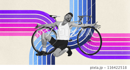 Young guy resting near retro styled bicycle against light background with abstract colorful element. Creative design Young guy resting near retro styled bicycle against light background with abstract colorful element. Creative design 116422518