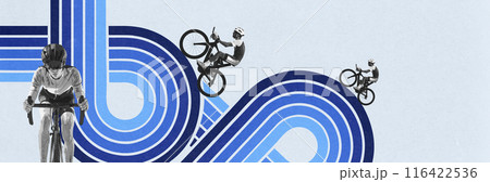 Athletic men competing, riding bicycle on curving road against light background with abstract colorful element. Creative design Athletic men competing, riding bicycle on curving road against light background with abstract colorful element. Creative design 116422536