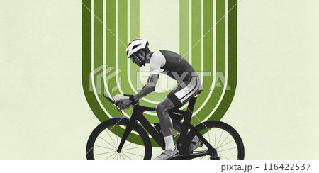 Muscular man, athlete in uniform and helmet riding on bike against light background with abstract colorful element. Creative design Muscular man, athlete in uniform and helmet riding on bike against light background with abstract colorful element. Creative design 116422537