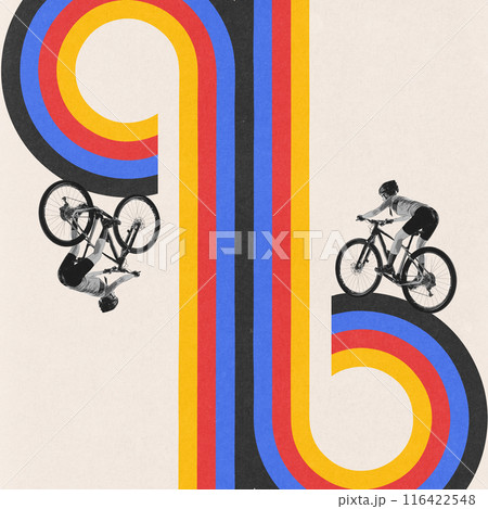 Young woman in sportswear and element riding on bicycle against light background with abstract colorful element. Creative design Young woman in sportswear and element riding on bicycle against light background with abstract colorful element. Creative design 116422548