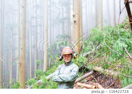 間伐作業が終了した杉林をバックに腕を組んだポーズをとる男性の林業従事者 間伐作業が終了した杉林をバックに腕を組んだポーズをとる男性の林業従事者 116422728