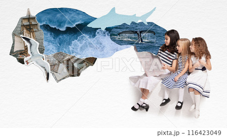 Three young girls in sailor dresses sit together, reading map. Maritime adventures, ships, waves, sea creatures, and maps. Geography. Contemporary art collage. Three young girls in sailor dresses sit together, reading map. Maritime adventures, ships, waves, sea creatures, and maps. Geography. Contemporary art collage. 116423049