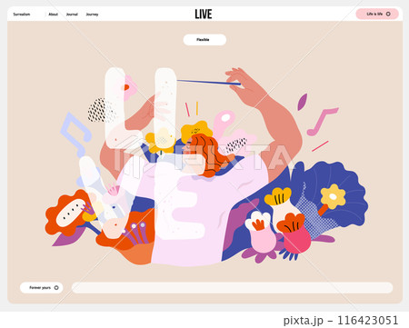 Life Unframed: Flower orchestra -modern flat vector concept illustration of symphony conductor, bloom music. Metaphor of unpredictability, imagination, whimsy, existence cycle, play, growth, discovery 116423051