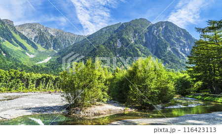 夏の上高地　新緑に包まれた穂高連峰と梓川【長野県・松本市】 116423113