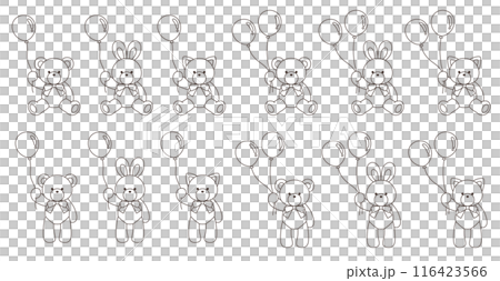 Vector illustration set of cute bear, rabbit and cat stuffed animals with ribbons holding balloons Icon 116423566