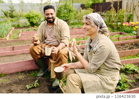 Gardeners having tea with sandwiches Gardeners having tea with sandwiches 116423630
