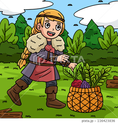 Viking with Basket of Harvest Colored Cartoon 116423836