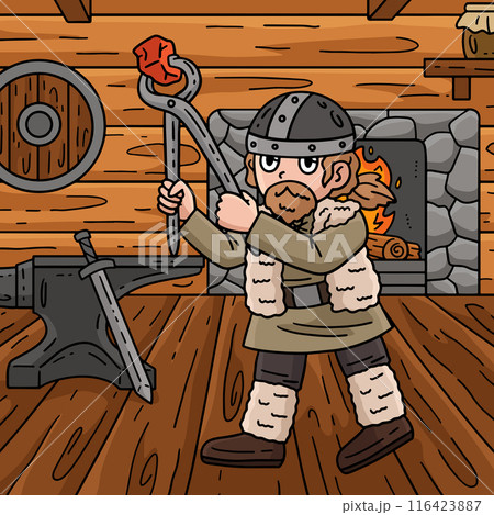 Viking Working in the Forge Colored Cartoon  116423887