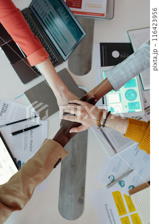 Diverse Hands Joined Over Desk in Office Environment Diverse Hands Joined Over Desk in Office Environment 116423956