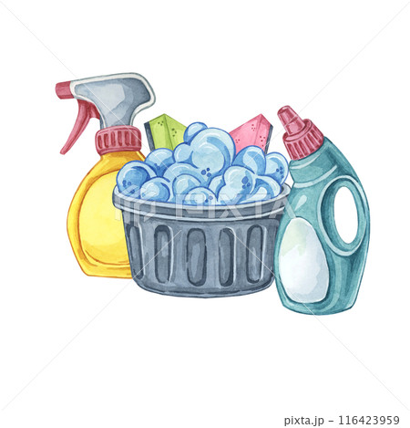 Black basket with foam and cleaning essentials including spray bottle, detergent, sponges. Clipart for use in cleaning service brochures, home cleaning checklists, and product packaging Black basket with foam and cleaning essentials including spray bottle, detergent, sponges. Clipart for use in cleaning service brochures, home cleaning checklists, and product packaging 116423959