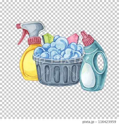 Black basket with foam and cleaning essentials including spray bottle, detergent, sponges. Clipart for use in cleaning service brochures, home cleaning checklists, and product packaging Black basket with foam and cleaning essentials including spray bottle, detergent, sponges. Clipart for use in cleaning service brochures, home cleaning checklists, and product packaging 116423959