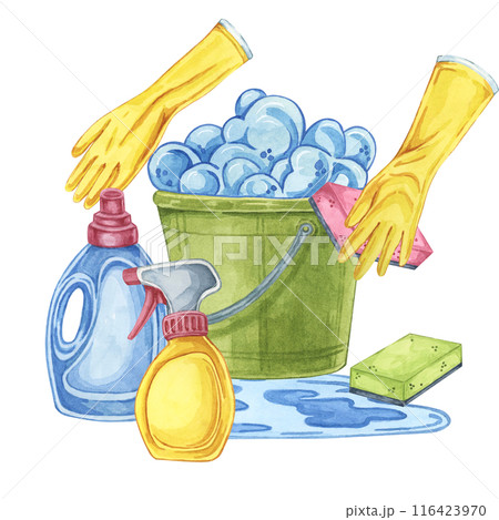 Bucket, rubber gloves, cleaning solution or detergent bottle. Watercolor illustration of household cleaning utensils. Clipart for home maintenance, housekeeping, janitorial or maid service, flyer Bucket, rubber gloves, cleaning solution or detergent bottle. Watercolor illustration of household cleaning utensils. Clipart for home maintenance, housekeeping, janitorial or maid service, flyer 116423970