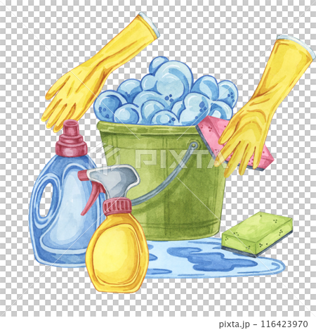 Bucket, rubber gloves, cleaning solution or detergent bottle. Watercolor illustration of household cleaning utensils. Clipart for home maintenance, housekeeping, janitorial or maid service, flyer Bucket, rubber gloves, cleaning solution or detergent bottle. Watercolor illustration of household cleaning utensils. Clipart for home maintenance, housekeeping, janitorial or maid service, flyer 116423970