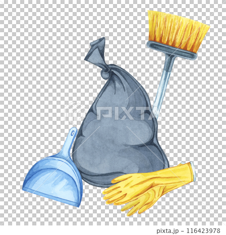 Black trash bag, dustpan, broom and hands in yellow rubber gloves. Watercolor illustration of household cleaning utensils. Clipart for garbage collection, housekeeping, janitorial service, flyers Black trash bag, dustpan, broom and hands in yellow rubber gloves. Watercolor illustration of household cleaning utensils. Clipart for garbage collection, housekeeping, janitorial service, flyers 116423978