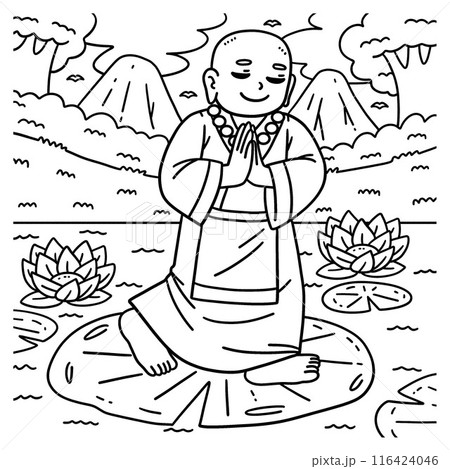 Buddhism Buddha Walking on Lily Pad Coloring Page  116424046