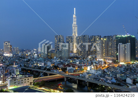View Of Ho Chi Minh City Skyline And Metro Railway Bridge In Central Binh Thanh District At Night, View Of Ho Chi Minh City Skyline And Metro Railway Bridge In Central Binh Thanh District At Night, 116424210