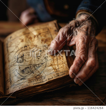 Writing in an Ancient Book with a Quill 116424264