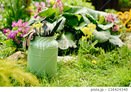 Bunch of worktools of gardener on grass 116424340