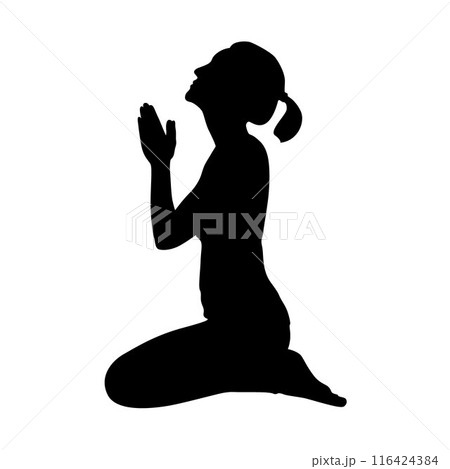 Woman sitting on her knees praying silhouette, praying silhouette Woman sitting on her knees praying silhouette, praying silhouette 116424384