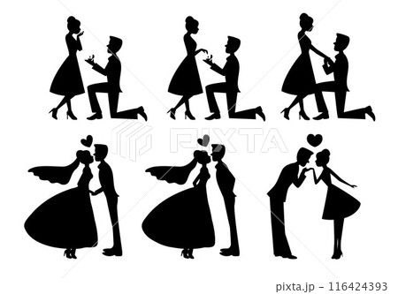 Gentle man make a proposal, man proposing woman with ring, wedding couple, romantic couple silhouette in various poses Gentle man make a proposal, man proposing woman with ring, wedding couple, romantic couple silhouette in various poses 116424393