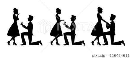 Gentle man make a proposal, man proposing woman with ring, romantic couple silhouette in various poses 116424611