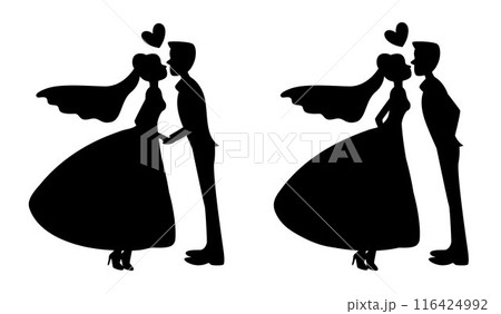 Romantic couple silhouette, couple in love kissing and holding hand together, wedding couple bride and groom silhouette, wedding couple bride and groom 116424992