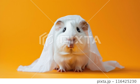 A white guinea pig is dressed as a ghost for Halloween, sitting on an orange background 116425230