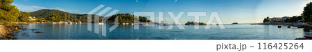 Panorama view of yachts moored on buoys near the shore in the bay of Uvala Gradina near the town of Vela Luka on the island of Korcula in Croatia 116425264