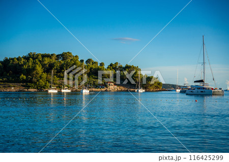 Yachts moored on buoys near the shore in the bay of Uvala Gradina near the town of Vela Luka on the island of Korcula in Croatia Yachts moored on buoys near the shore in the bay of Uvala Gradina near the town of Vela Luka on the island of Korcula in Croatia 116425299