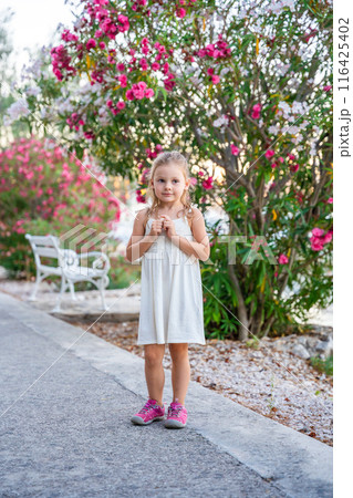 Portrait of little girl in white dress happy smiling on blooming park background in Croatia 116425402