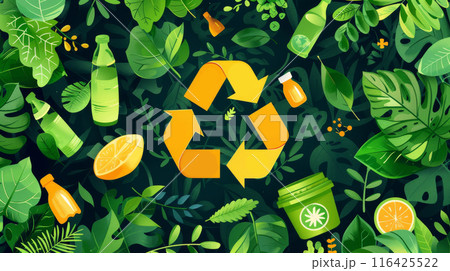 vibrant illustration featuring a large recycle symbol surrounded by lush green l recyclable items 116425522