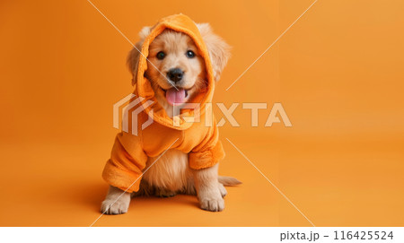 Adorable golden retriever puppy in orange hoodie sitting on matching background 116425524