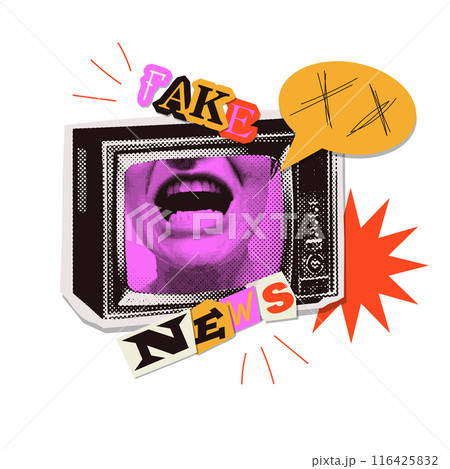 Fake news Trendy Retro collage with screaming face in TV with halftone effect and speech bubble, cutout paper text. Vector Elements for banners, posters, social networks. 116425832