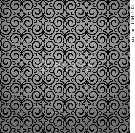 Flower geometric pattern. Seamless vector background. Gray and black ornament. Ornament for fabric, wallpaper, packaging. Decorative print Flower geometric pattern. Seamless vector background. Gray and black ornament. Ornament for fabric, wallpaper, packaging. Decorative print 116426103