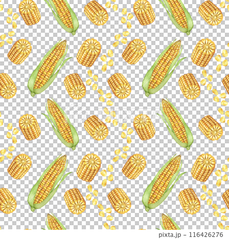 Yellow corn and seeds seamless pattern, autumnal textile, golden cobs background. Watercolor sweetcorn botanical print design for clothes, wallpaper, wrapping paper, scrapbooking, food packaging 116426276