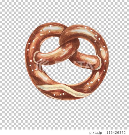Pretzel watercolor illustration. Salt sprinkled traditional German snack, beer festival symbol clipart. Typical Salty baked treat clipart for menu, flyers, sticker, advertisement, artisan bakery 116426352