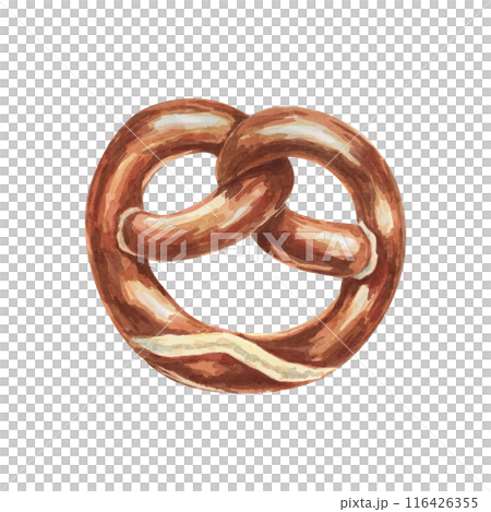 Pretzel watercolor illustration. Brown soft traditional German breakfast snack, Oktoberfest symbol clipart. Typical baked appetizer for menu, flyers, sticker, advertisement, artisan bakery 116426355