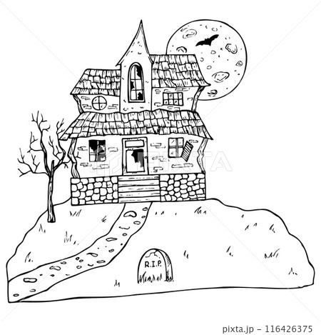 Halloween haunted house. Vector hand painted linear ghost castles at night, monster silhouette illustration. Mystical graphic monochrome spooky and horror bat, moon and grave isolated on background. 116426375