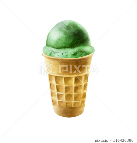 Scoop of pistachio, mint, apple ice cream in crispy waffle cone. Hand painting sweet watercolor illustration isolated on background. For designers, menu, shop, decoration, restaurant, for postcards, Scoop of pistachio, mint, apple ice cream in crispy waffle cone. Hand painting sweet watercolor illustration isolated on background. For designers, menu, shop, decoration, restaurant, for postcards, 116426396