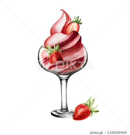 Glass bowl with soft strawberry ice cream and fresh berries. Hand painting sweet watercolor illustration isolated on background. For designers, menu, shop, decoration, restaurant, for postcards, Glass bowl with soft strawberry ice cream and fresh berries. Hand painting sweet watercolor illustration isolated on background. For designers, menu, shop, decoration, restaurant, for postcards, 116426404