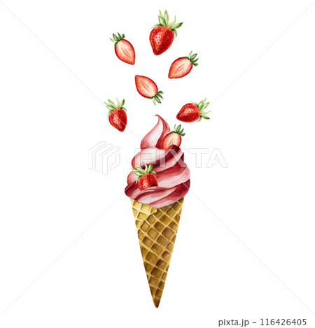 Strawberry ice cream with flying berries in crispy waffle cone. Hand painting sweet watercolor illustration isolated on background. For designers, menu, shop, decoration, restaurant, for postcards, 116426405