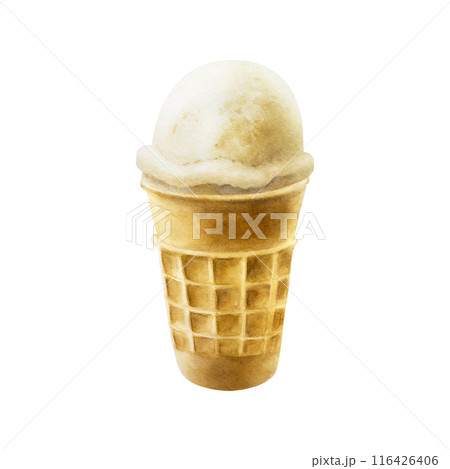 Scoop of vanilla ice cream in crispy waffle cone. Hand painting sweet watercolor illustration isolated on background. For designers, menu, shop, decoration, restaurant, for postcards, wrapping paper, Scoop of vanilla ice cream in crispy waffle cone. Hand painting sweet watercolor illustration isolated on background. For designers, menu, shop, decoration, restaurant, for postcards, wrapping paper, 116426406
