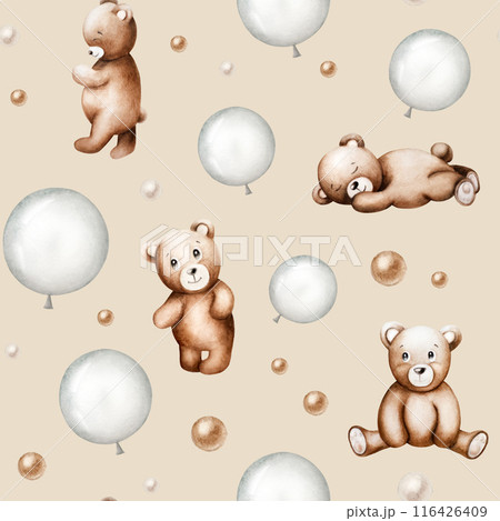 Seamless pattern with cute cartoon teddy bears, silver and brown foil balloons. Hand drawn watercolor baby illustration isolated on background. Lovely toy for baby and kids new born celebration, Seamless pattern with cute cartoon teddy bears, silver and brown foil balloons. Hand drawn watercolor baby illustration isolated on background. Lovely toy for baby and kids new born celebration, 116426409