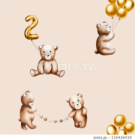 Seamless pattern with cute cartoon teddy bears with golden foil balloons on a strings, birthday garland of brown and beige flags. Hand drawn watercolor baby illustration isolated on background. Lovely Seamless pattern with cute cartoon teddy bears with golden foil balloons on a strings, birthday garland of brown and beige flags. Hand drawn watercolor baby illustration isolated on background. Lovely 116426410
