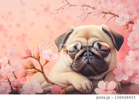 CG素材　子犬と桜のイメージ素材 116426433