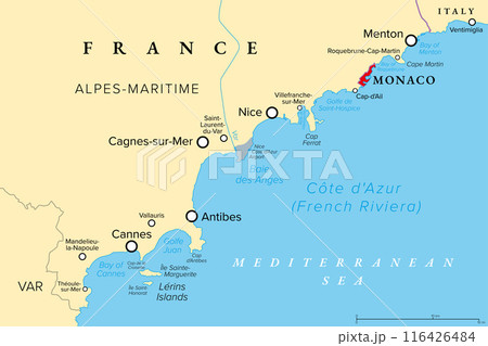 Monaco, Nice and Cannes, political map. The coastal strip of Alpes-Maritimes, a department of France, located on the French Riviera and Mediterranean Sea. With the microstate Principality of Monaco. Monaco, Nice and Cannes, political map. The coastal strip of Alpes-Maritimes, a department of France, located on the French Riviera and Mediterranean Sea. With the microstate Principality of Monaco. 116426484