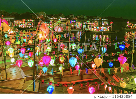 Tourist Boats Decorated With Colorful Lanterns On Hoai River In Hoi An Ancient Town, Vietnam. Tourist Boats Decorated With Colorful Lanterns On Hoai River In Hoi An Ancient Town, Vietnam. 116426884