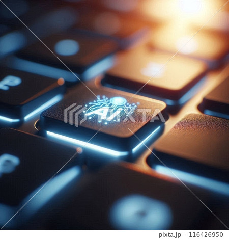 Illuminated Laptop Keyboard with Glowing AI Button - Futuristic Depictions of Artificial Intelligence Integration in Technology Illuminated Laptop Keyboard with Glowing AI Button - Futuristic Depictions of Artificial Intelligence Integration in Technology 116426950