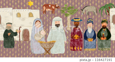 Christmas nativity scene seamless border in watercolor on colored background. Illustration for calendar, banners, wrapping paper, textile, Christmas, advent, tape, stickers, posters and totes design Christmas nativity scene seamless border in watercolor on colored background. Illustration for calendar, banners, wrapping paper, textile, Christmas, advent, tape, stickers, posters and totes design 116427191