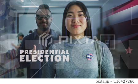 Social video about USA Presidential Election Day with multiethnic US citizens looking at camera 116427260
